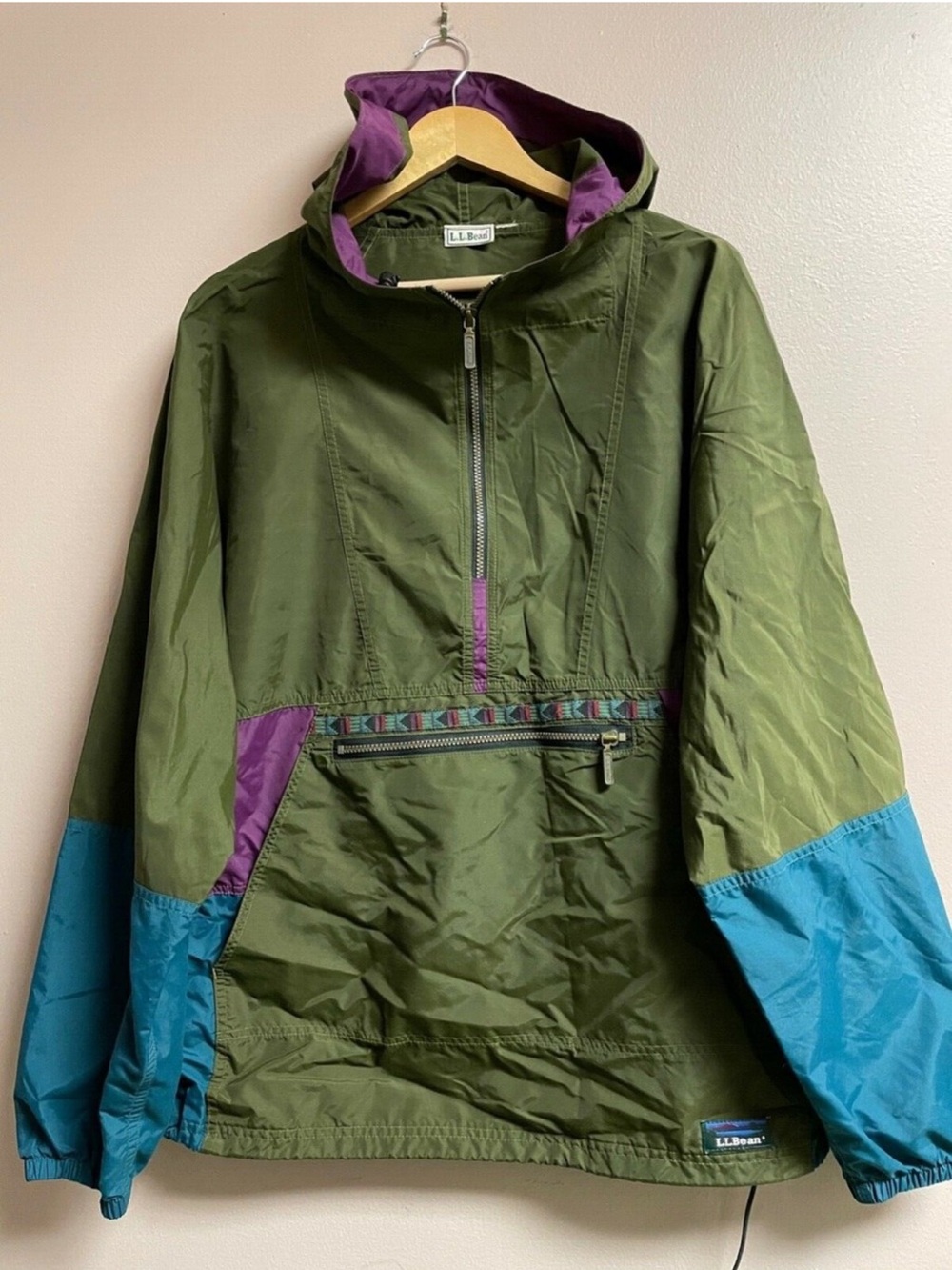 L.L. Bean Olive Green Pullover Windbreaker with Teal and Purple Accents